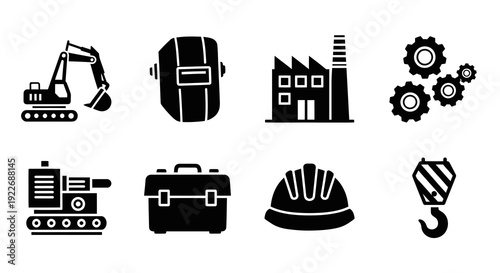 Industrial and Construction Glyph Icons Set. Black and White Flat Vector Symbols for Manufacturing, Engineering, Heavy Machinery, Tools, and Safety Equipment.