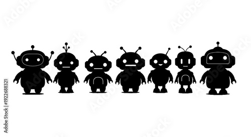 Cute Technology Robots Glyph Icons Set. Black Silhouette AI Robot Characters Collection for Automation and Artificial Intelligence Design