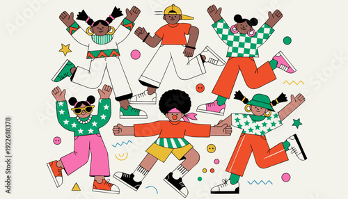 Very beautiful joyful illustration of happy kids jumping and playing in energetic action poses, colorful educational vector characters expressing friendship, teamwork, and playful childhood excitement