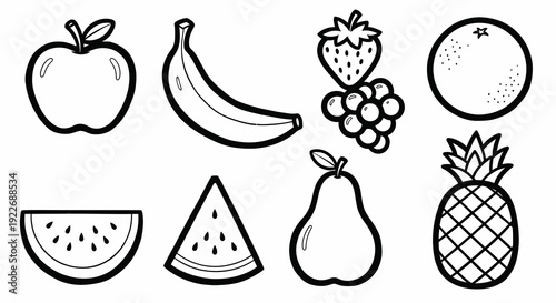 Food Industry Black  White Line Art Fruits Icons Collection: Apple, Banana, Strawberry, Grapes, Orange, Watermelon, Pear, Pineapple Doodles.