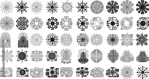 Collection of various technical interface elements and circular designs for graphic resources