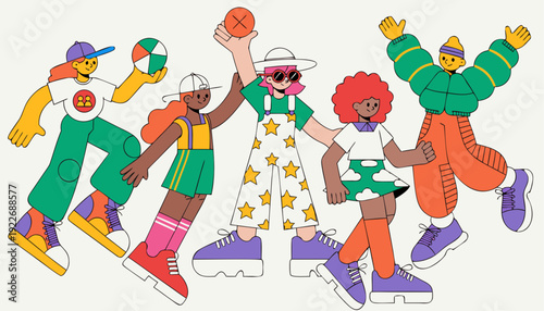 Very beautiful joyful illustration of happy kids jumping and playing in energetic action poses, colorful educational vector characters expressing friendship, teamwork, and playful childhood excitement