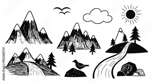 Black  White Hand-Drawn Nature  Outdoors Sketchy Icons Set: Mountains, Trees, River, Sun, Cloud, Bird, Rocks. Ideal for Travel  Environment.