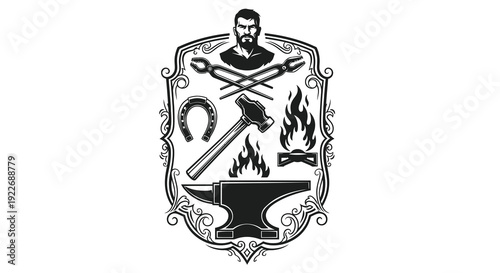 Vintage Blacksmith Black and White Emblem with Anvil, Hammer, Tongs, Horseshoe, and Fire - Retro Metalworking Craft Badge Illustration