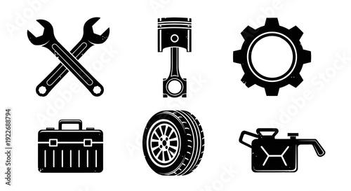 Automotive Mechanic Tools and Car Repair Parts Icons Set in Distressed Black and White Glyph Style