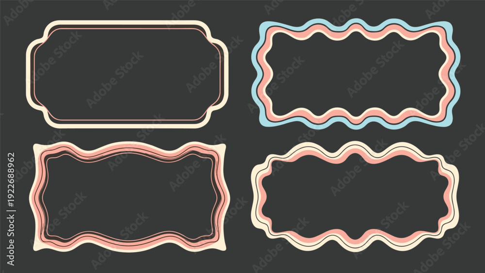 Fototapeta premium Collection of four retro wavy frames in pastel colors on a dark gray background for creative border designs.
