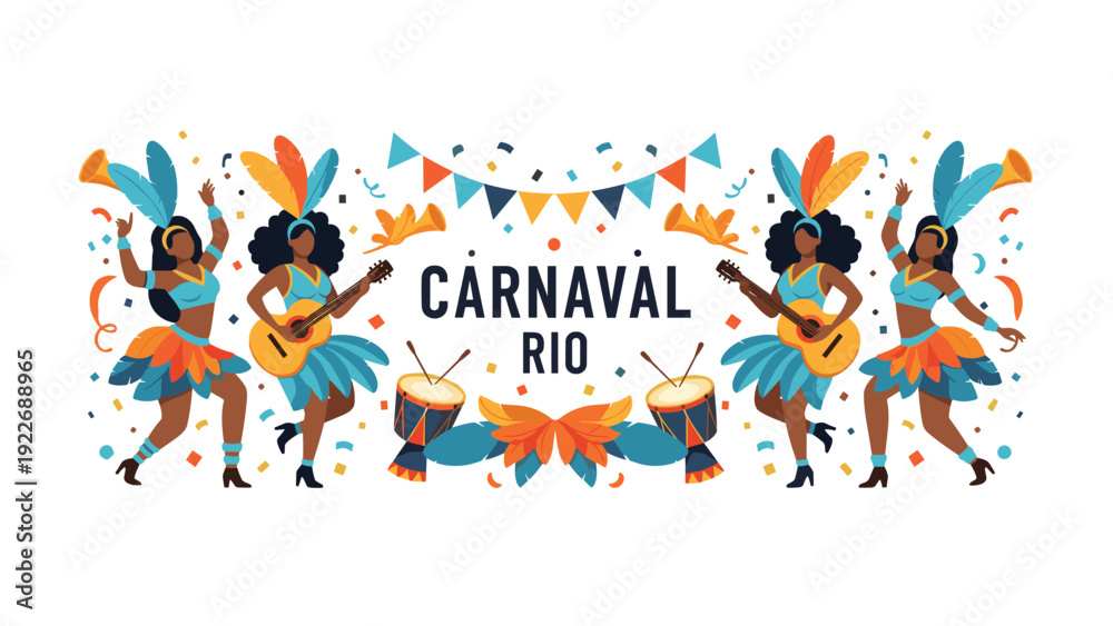 Naklejka premium Vibrant carnaval rio illustration featuring dancers in colorful costumes with drums and festive decorations on white.