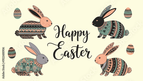 Happy easter greeting card featuring four patterned rabbits and decorative eggs on a pale yellow background layout.