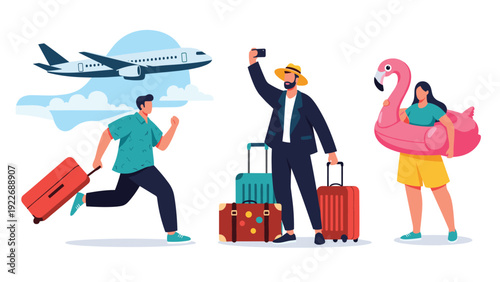 Illustration of people traveling with luggage including a man running for a plane and a woman with an inflatable flamingo.