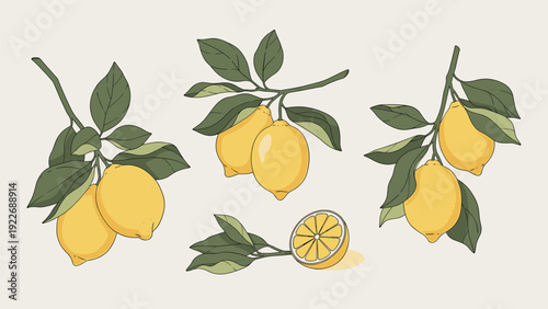 Hand drawn illustration of fresh yellow lemons on green leafy branches including a sliced lemon in a rustic style.