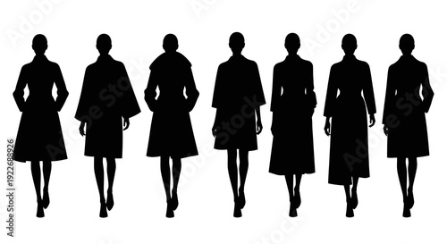 Black and White Silhouette Vector Art of Fashion Models Walking in Diverse Coats for Apparel Industry and Style Design Concepts