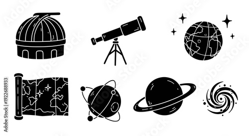 Astronomy and Space Science Hand-drawn Glyph Icons Set. Celestial Bodies, Observatory, Telescope, Planet, Galaxy Symbols