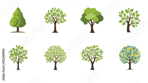 Set of eight different green tree illustrations representing various species and shapes in a flat graphic style.