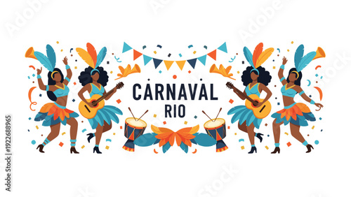Vibrant carnaval rio illustration featuring dancers in colorful costumes with drums and festive decorations on white.