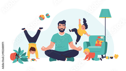 Illustration of a father meditating in lotus pose while his three children play and make a mess around the room.