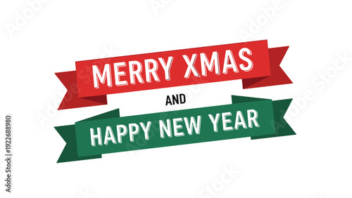 Merry xmas and happy new year message displayed on red and green ribbons with a minimalist modern design.