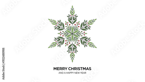 Large decorative snowflake composed of green leaves and red berries with merry christmas and happy new year text.