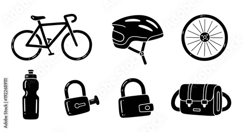 Cycling Equipment Glyph Icons Set. Black and White Hand-Drawn Illustrations of Bicycle, Helmet, Wheel, Bottle, Padlocks, and Bag for Outdoor Sports.