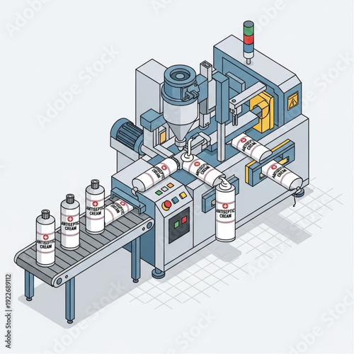 Industrial Manufacturing Machine with Conveyor Belt System.