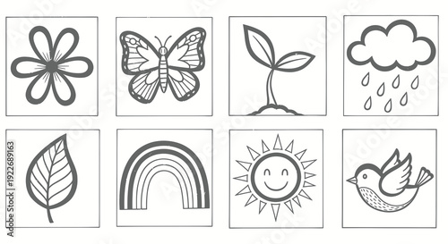 Children's Nature and Weather Elements Black and White Line Art Set: Flower, Butterfly, Sprout, Rain, Leaf, Rainbow, Sun, Bird Icons for Education  Coloring