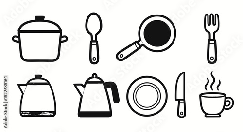 Kitchen Cookware and Cutlery Outline Icon Set. Black and White Sketchy Hand-Drawn Illustrations of Utensils, Teapots, Plate, Cup for Food  Drink Industry.