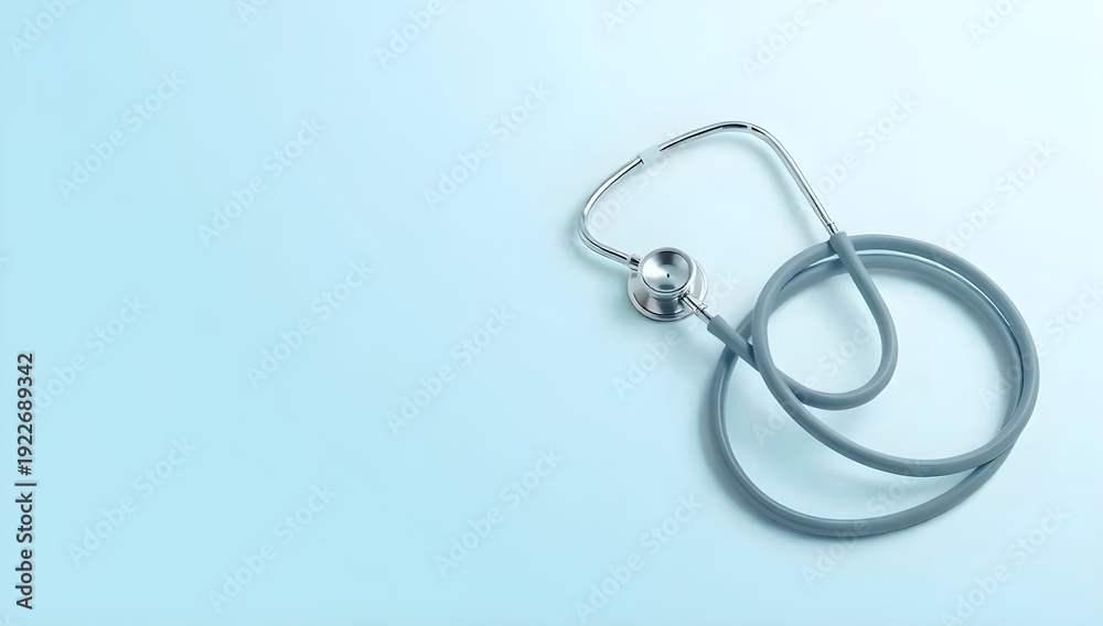 Fototapeta premium Medical stethoscope on a clean, light blue background with ample copy space for text