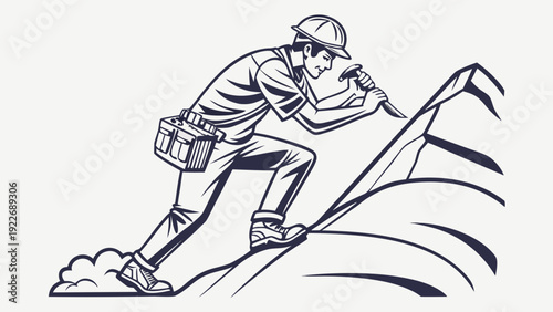 Determined construction worker hammering on rooftop with tool belt