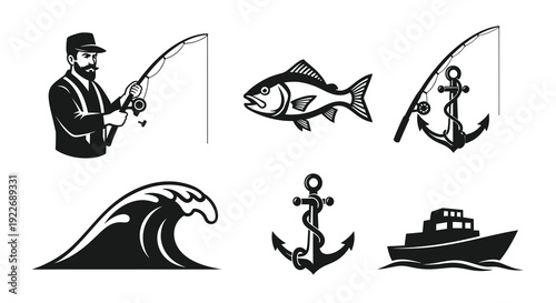 Black and White Vector Fishing and Nautical Icons Set: Fisherman, Fish, Fishing Rod, Anchor, Wave, Boat - Marine  Sea Theme Silhouettes