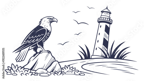 Eagle perched on rock near lighthouse with seagulls flying