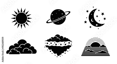 Astronomy and Meteorology Vector Icons Set. Minimalist Celestial  Weather Glyph Silhouettes: Sun, Moon, Stars, Planet, Clouds, Sunrise  Sunset.