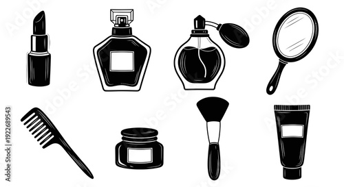 Retro Black and White Engraving Style Collection of Beauty and Cosmetic Products - Makeup and Personal Care Items Vector Art