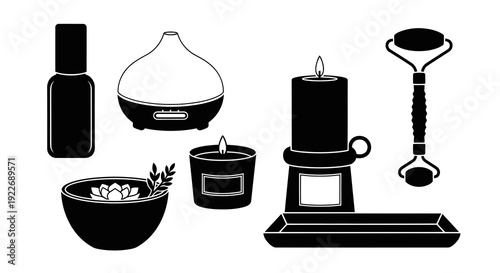 Wellness and Spa Aromatherapy Glyph Icons Set. Black and White Silhouettes of Essential Oil, Diffuser, Candles, Face Roller, and Lotus Flower Bowl.