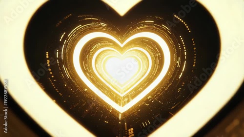 Futuristic flight through a glowing golden heart tunnel with digital light trails. Abstract romantic concept for valentine's day, a wedding or an anniversary celebration