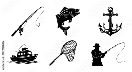Fishing and Boating Marine Sport Vector Silhouette Icons Set. Collection of Fishery Elements: Rod, Fish, Anchor, Boat, Net, and Fisherman Symbols in Black and White