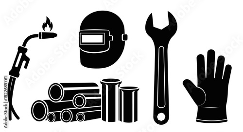 Industrial Welding and Construction Tools Glyph Icons Set. Black and White Silhouette of Welder Helmet, Torch, Wrench, Pipes, and Work Glove for Heavy Industry.