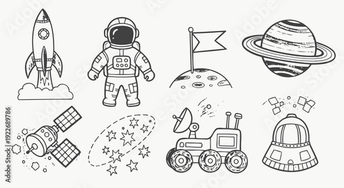 Black and White Hand Drawn Space Exploration Vector Set. Cartoon Rocket, Astronaut, Planet, Satellite, Rover, and Capsule Line Art Doodles.
