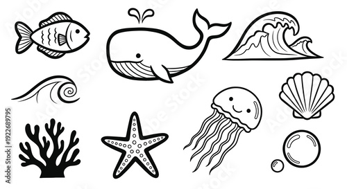 Black and White Line Art Ocean Marine Life Icon Set. Hand Drawn Sea Creatures, Ocean Elements, Fish, Whale, Jellyfish, Starfish, and Shells.