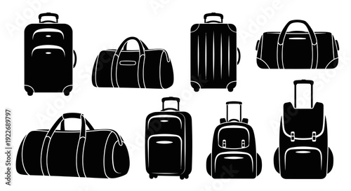Travel and Tourism Luggage and Bags Silhouette Icon Set. Flat Glyph Collection of Various Suitcases, Duffel Bags, and Backpacks for Journeys.