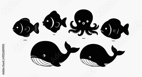 Marine Life Vector Glyphs Set: Black  White Silhouettes of Aquatic Sea Animals - Fish, Octopus, Whales for Ocean Nature Design