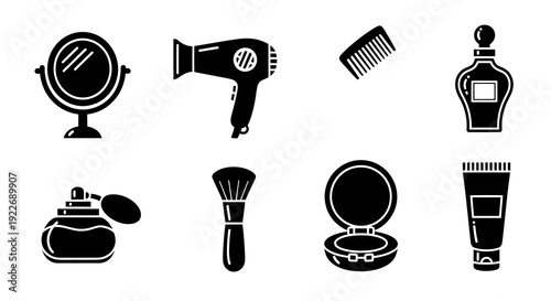 Beauty and Personal Care Glyph Icons Set. Black and White Collection of Cosmetic Products and Hairdressing Tools: Mirror, Hairdryer, Comb, Perfume, Makeup Brush, Powder.
