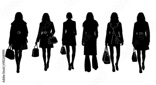 Fashion, Shopping  Lifestyle Industry: Elegant Women Silhouettes in Coats and Dresses with Handbags. Black and White Vector Illustration.