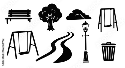 Black and White Glyph Icons Set of Outdoor Park and Recreation Elements: Bench, Tree, Swing, Path, Street Lamp, Trash Can. Public Space Silhouettes.