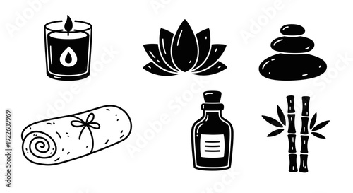 Hand-Drawn Black  White Spa and Wellness Glyph Icons Set. Relaxation  Self-Care Symbols: Candle, Lotus Flower, Zen Stones, Towel, Oil Bottle, Bamboo.