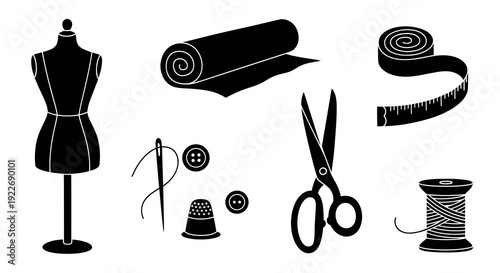 Black  White Sewing and Tailoring Tools Glyph Icons. Vector Silhouette Art of Dressmaking Supplies: Mannequin, Fabric, Scissors, Needle, Thread, Thimble, Buttons, Tape Measure.