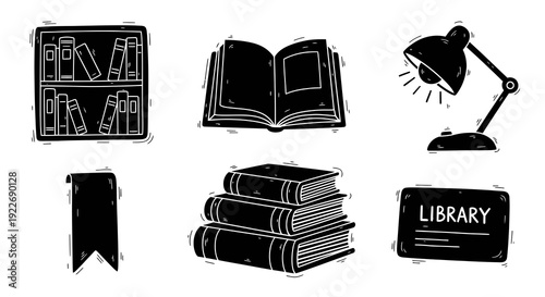 Hand-drawn Black and White Doodle Glyph Icons Set for Library, Reading, and Education Niche. Study Elements.