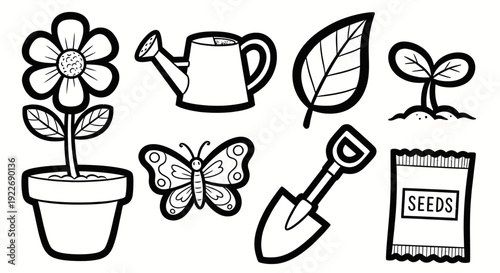 Black and White Line Art Gardening Elements Vector Illustration Set. Hand-drawn Outline of Flower, Watering Can, Shovel, Seeds, Sprout, Leaf, and Butterfly.