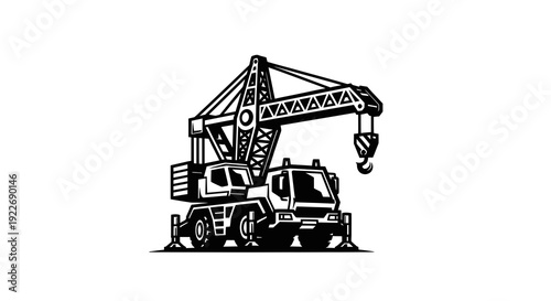Construction Mobile Truck Crane with Boom and Hook in Vintage Woodcut Style Black and White Illustration