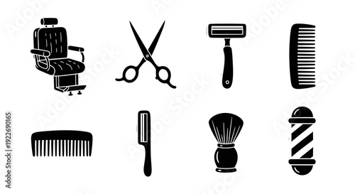 Barber Shop Tools Glyph Icons Set. Hand-drawn Black and White Grooming Equipment Collection with Distressed Texture for Hairdressing and Shaving.