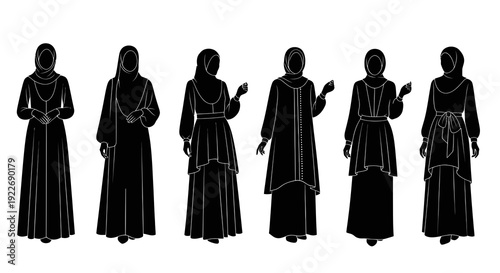 Modest Islamic Fashion Women Silhouettes: Hijab and Abaya Outfits in Black and White Vector Line Art
