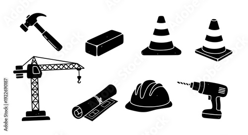Hand-drawn Building  Construction Glyph Icons Set. Black and White Vector Collection for Industry: Crane, Hammer, Hard Hat, Drill, Cone, Blueprint, Brick.